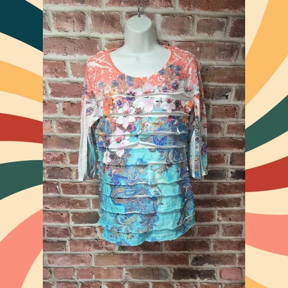Cubism Floral BohoββChic Color Block Blouse Size Large Red Blue 3/4 Sleeve